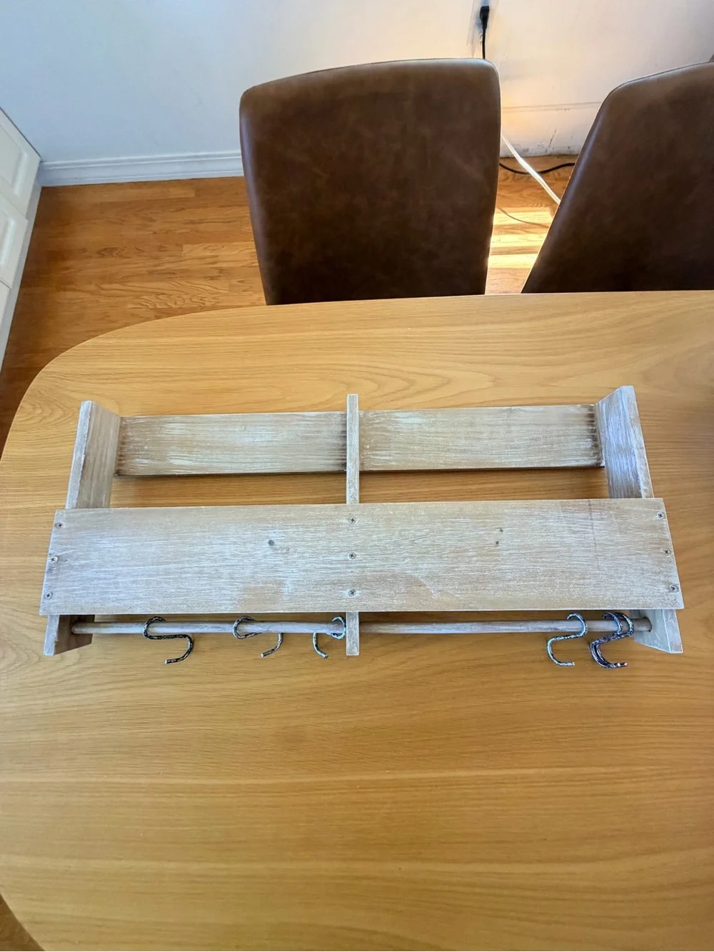 wooden book rack with hooks